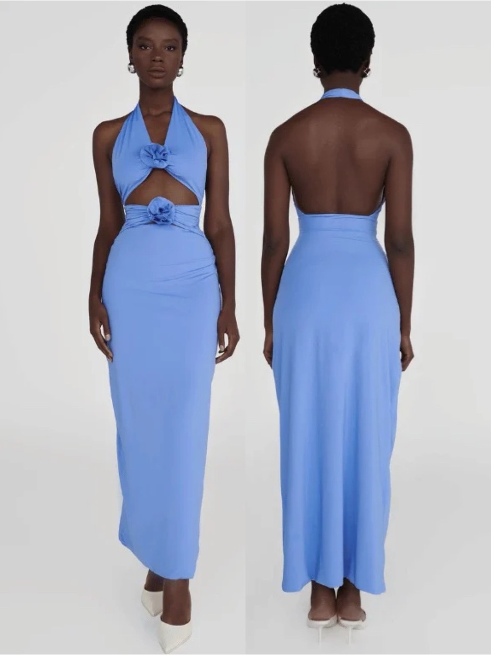 NEW NWT Maygel Coronel Vaupes Cutout Halter Maxi Dress In Coast Blue